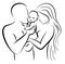 Illustration of young man and woman holding their child, cuddling, hugging, and kissing. . Parents love and happy family concept
