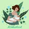 Illustration of a young mother breastfeeding her baby. A postcard with the words motherhood. Vector illustration. For medical