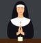 Illustration of a young nun with eyes closed and hands folded in prayer. Vector illustration of woman praying