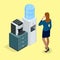 Illustration with young woman with coffee cup, coffee machine and Water cooler. Flat 3d vector isometric concept.