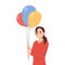 Illustration of a young woman in a Cute Sunday Dress Holding on to a Group of Balloons Tied Together