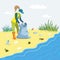 Illustration of young woman picking up trash plastic and cleaning beach with garbage bag. Woman volunteer clean sandy