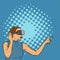 Illustration of a young woman wearing virtual reality goggle mask gadget in amazed expression exploring cyber space.