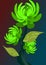 The illustrations and clipart. Vector image. Abstract image. 3 green blossom flowers in dark background