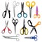 Illustrations of colored scissors. Vector pictures set in flat style