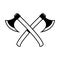 Illustrations of crossed lumberjack hatchets in engraving style. Design element for logo, label, emblem, sign.