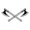 Illustrations of crossed lumberjack hatchets in engraving style. Design element for logo, label, emblem, sign.