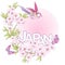 Illustrations with Japanese blossom pink sakura and birds and wo