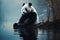 Illustrations of pandas sitting by a misty forest pond on a riverbank