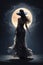 Illustrations romantic graceful movements back side woman dancing with the moon.