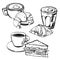 Illustrations with sandwiches, croissants and coffee cups. Hand drawn outline sketch vector set