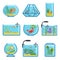 Illustrations set of different aquariums with fishes and saltwater. Underwater world