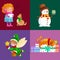 Illustrations set Merry Christmas Happy new year, girl sing holiday songs with pets, snowman gifts, cat and dog enjoy