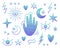 Illustrations on the theme of magic, voodoo, palmistry. A set of magic symbols. The hand with signs, the moon, the stars