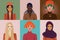 Illustrations with women of different nationalities and cultures. American, African American, Muslim, European