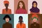 Illustrations with women of different nationalities and cultures. American, African American, Muslim, European