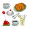 an illustrative image showing several types of food, drinks and desserts