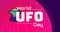 Illustrative image of world ufo day text with ufo on pink and violet background, copy space