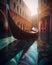 Illustrative painting of the city of Venice. A canal with a gondola. Generative AI.