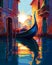 Illustrative painting of the city of Venice. A canal with a gondola. Generative AI.