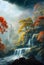 Illustrative painting of an imaginary forest with a waterfall. Generative AI.