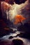 Illustrative painting of an imaginary forest with a waterfall. Generative AI.