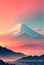 Illustrative painting of Mount Fuji, famous and iconic mountain in Japan. Landscape with trees and mountains.