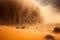 Illustrative painting of a strong sandstorm in the middle of a desert. Landscape design.