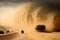 Illustrative painting of a strong sandstorm in the middle of a desert. Landscape design.