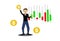 illustrator vector graphic of male profit bitcoin trader cartton and candle stick background