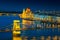 Iluminated Chain bridge and Parliament building at twilight, Budapest, Hungary