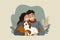 Ilustration Happy cozy loving couple hug doggy spend time together