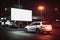 ilustration, light advertising box mockup at car park at night, generative AI