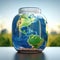 Ilustration of the Planet Earth, inside a transparent glass jar