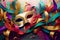 ilustration, Venetian carnival mask and party confetti with copy space, Generative AI