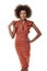 Im rocking this dress. Cropped view of an attractive african american woman standing with one hand on her shoulder and