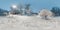 Image with 3D spherical panorama with 360 degree viewing angle. Snowy winter in park with trees at the evening. Burning lanterns.