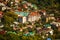 Image above buildings at foot of mountains