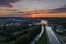 Image of an aerial view with a drone of the city of Regensburg at sunset, Germany