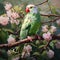 Image of alexandrine parakeet on the branch surrounded by beautiful flowers. Birds, Illustration, Generative AI