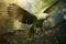 Image of alexandrine parakeet flying in the fertile forest. Bird. Nature. Illustration, Generative AI