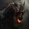 Image of angry demon horse terrifying and flames on dark background. Wildlife Animals. Illustration, Generative AI