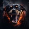 Image of angry rottweiler dog face and flames on dark background. Pet. Animals. Illustration, Generative AI