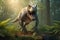 Image of an angry tyrannosaurus rex in the fertile forest. Mythical creatures. Illustration, Generative AI