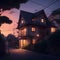 image of a anime art style of a cozy village nestled in the darkness, illuminated by the warm glow of a house in night.