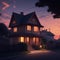 image of a anime art style of a cozy village nestled in the darkness, illuminated by the warm glow of a house in night.