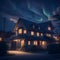 image of a anime art style of a cozy village nestled in the darkness, illuminated by the warm glow of a house in night.