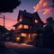 image of a anime art style of a cozy village nestled in the darkness, illuminated by the warm glow of a house in night.