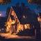 image of a anime art style of a cozy village nestled in the darkness, illuminated by the warm glow of a house in night.