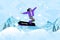 Image artwork collage of carefree cheerful girl having fun snowboarding snowy hill isolated on blue painted background